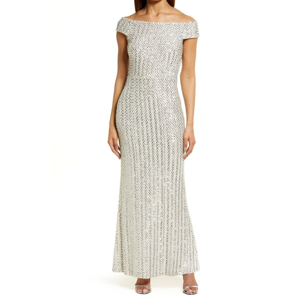 Vince Camuto Sequin Maxi Dress Womens Size 10 Off-the-Shoulder Sequin Was $255